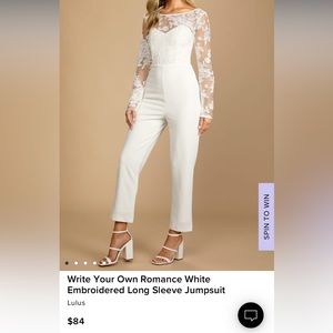 Lulu's Write Your Own Romance White Embroidered Long Sleeve Jumpsuit Size Medium